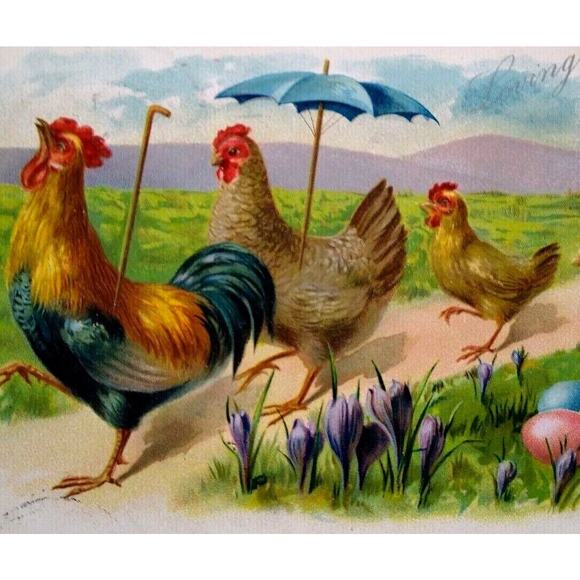 Easter Postcard Anthropomorphic Hens Rooster Marching Umbrella Tucks Series 111 - Picture 1 of 3